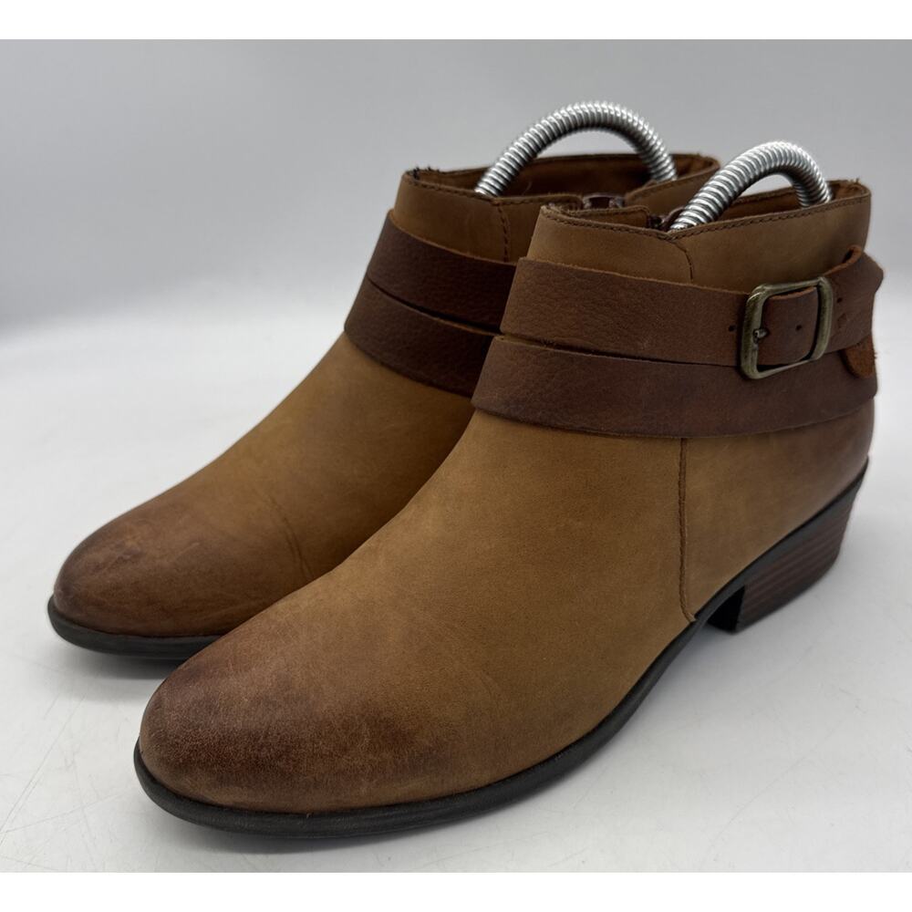 Clarks Addily Cora Ankle Boot Women’s Size 7 Tan Leather Brown Strap Side Zip